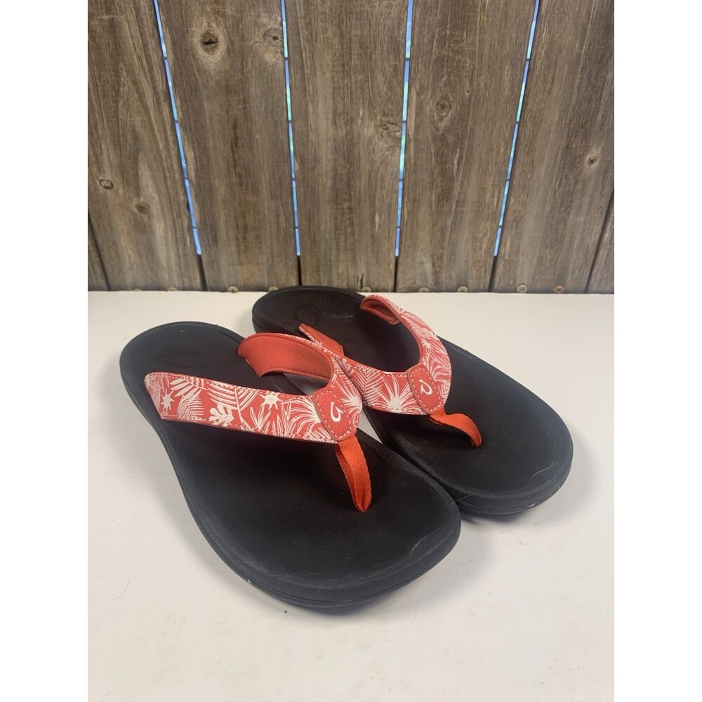 OluKai Black Footbed Red Tropical Print Thongs